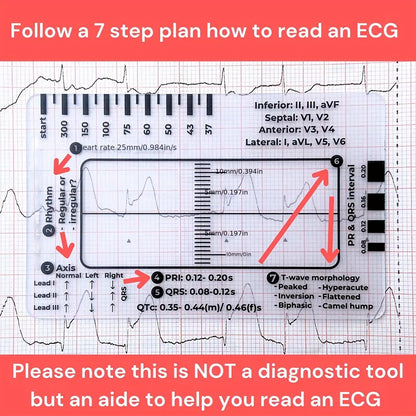 ECG 7 Step Ruler, ECG Ruler Plastic Ruler Measuring Tool, ECG 7 Step Ruler for ECG/EKG Interpretation, Transparent ECG Calipers Measuring Tool, Easy to Carry ECG Ruler, Follow 7 Step Plan (1pc)