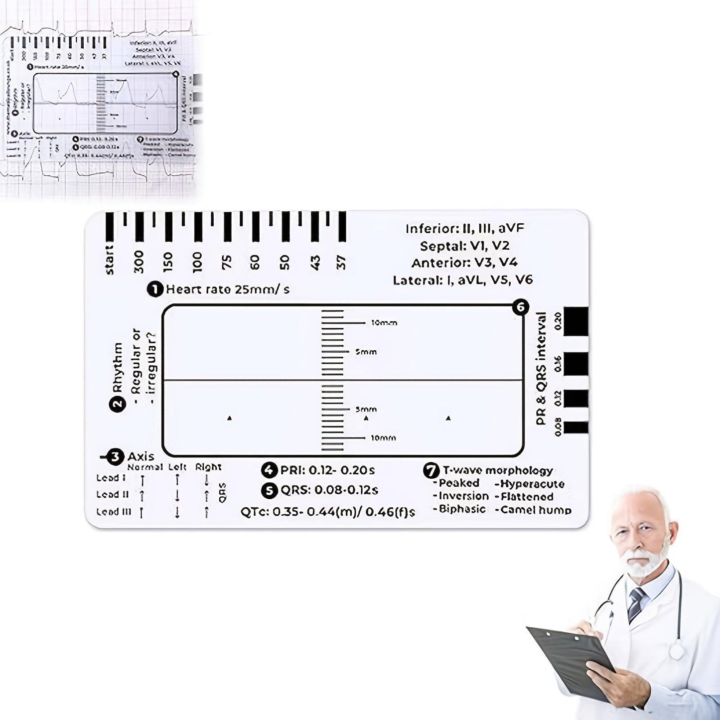 ECG 7 Step Ruler, ECG Ruler Plastic Ruler Measuring Tool, ECG 7 Step Ruler for ECG/EKG Interpretation, Transparent ECG Calipers Measuring Tool, Easy to Carry ECG Ruler, Follow 7 Step Plan (1pc)